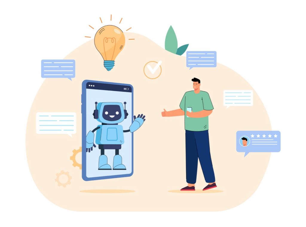 A man is standing in front of a smartphone. A friendly robot is visible on the screen of the smartphone, waving at the man. A light bulb is hovering above the robot, representing an idea or solution. Text bubbles and stars are around the image, suggesting feedback or ratings.