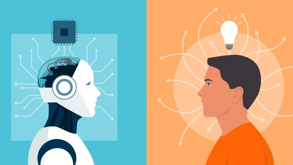 A side-by-side image comparing a robot and a human. The robot's head contains a circuit board, symbolizing artificial intelligence. The human's head has arrows pointing to a light bulb, representing creativity and ideas. The image suggests a contrast between artificial intelligence and human intelligence.